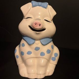 Vintage Smiling Pig Piggy Coin Money Bank Blue White Polka Dot Ceramic
